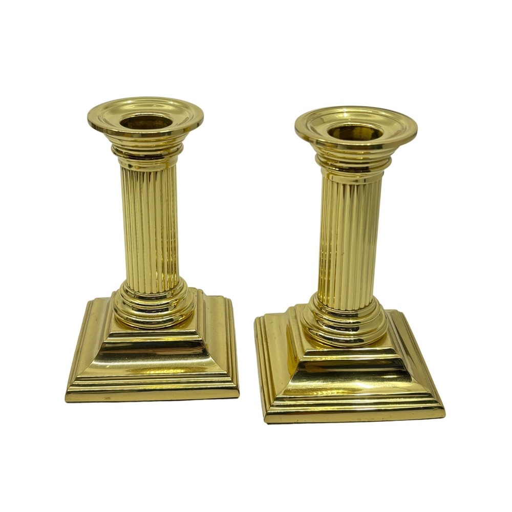 Baldwin Smithsonian Institution Brass Candlesticks Pair Fluted Column Gold 5"
